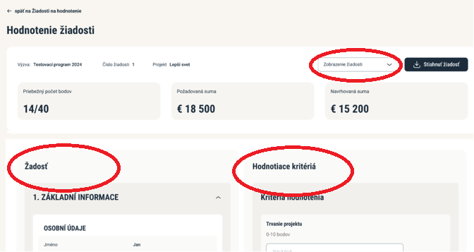 Hodnotenie žiadosti - žiadosť vľavo, hodnotenie vpravo