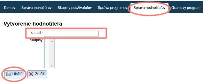 Vyplňte email nového hodnotiteľa