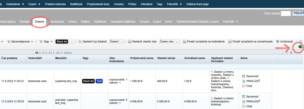 Export prehľadovej tabuľky