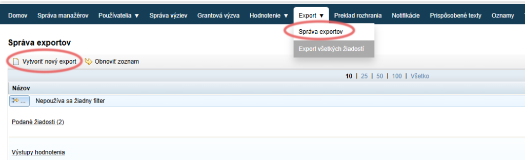 Vytvorenie šablóny exportu