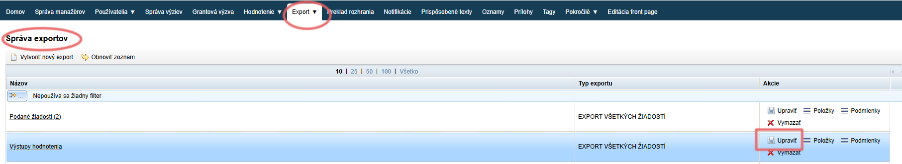 Upraviť šablónu exportu z hlavného menu