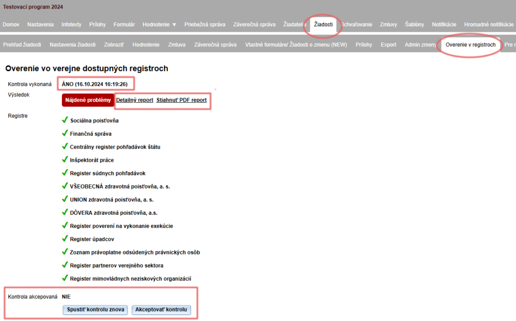 Detailné výsledky overenia v registroch