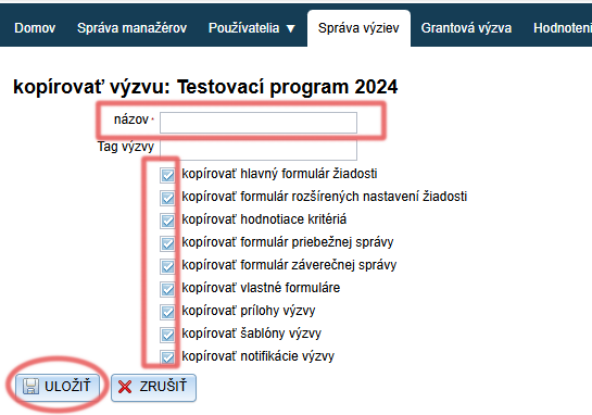 Možnosti kópie výzvy