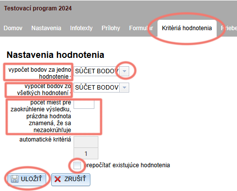 Nastavenia hodnotenia