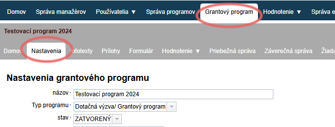 Nastavenia programu