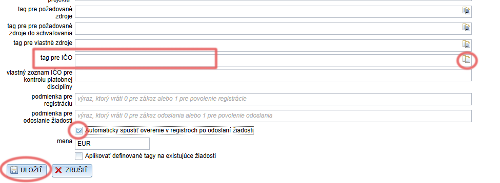 Nastavenia pre overenie v registroch