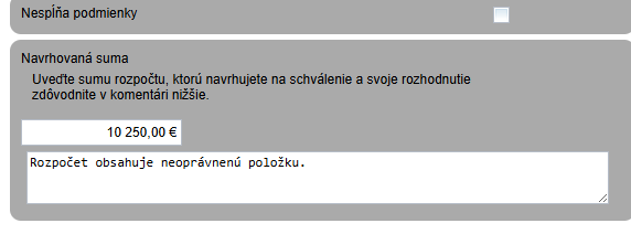 Náhľad poľa pre navrhovanú sumu z pohľadu hodnotiteľa