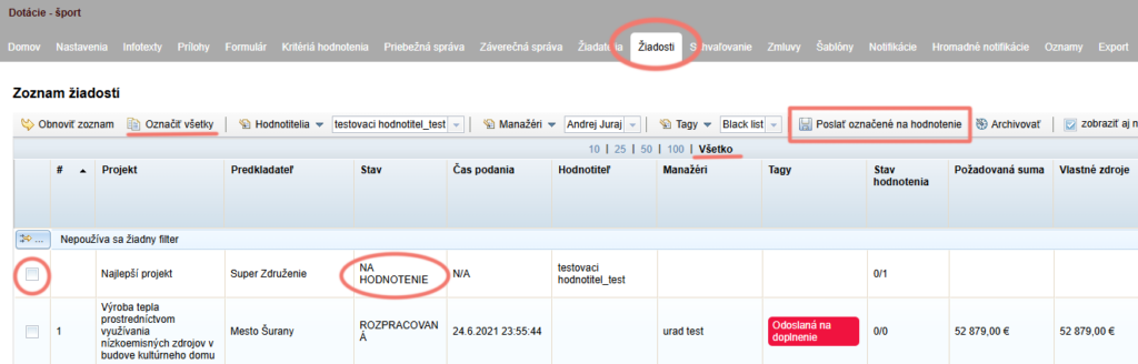 Odoslanie žiadostí na hodnotenie