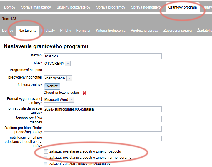 Nastavenia programu pre oznámenia o zmene