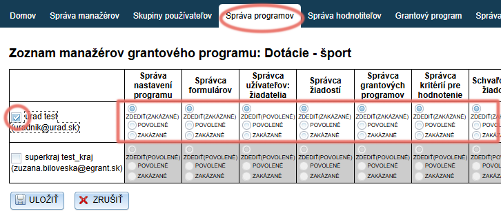 Priradenie manažérov k zvolenému programu