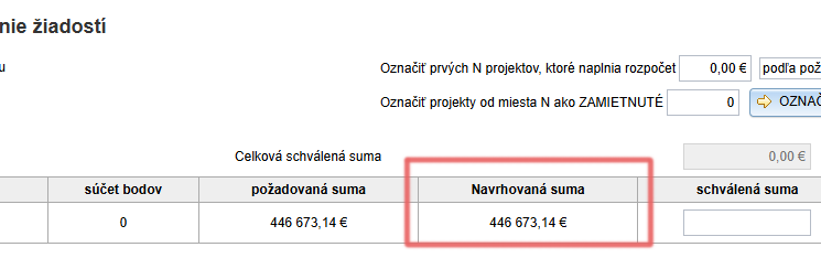 Stĺpec "navrhovaná suma" v záložke "Schvaľovanie"