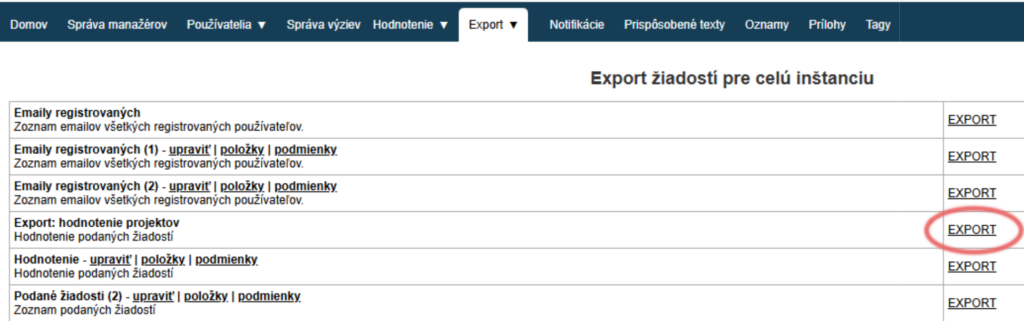 Spustenie exportu za viacero výziev spolu