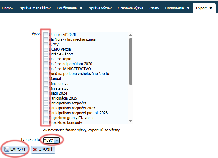 Spustenie exportu za viacero výziev spolu