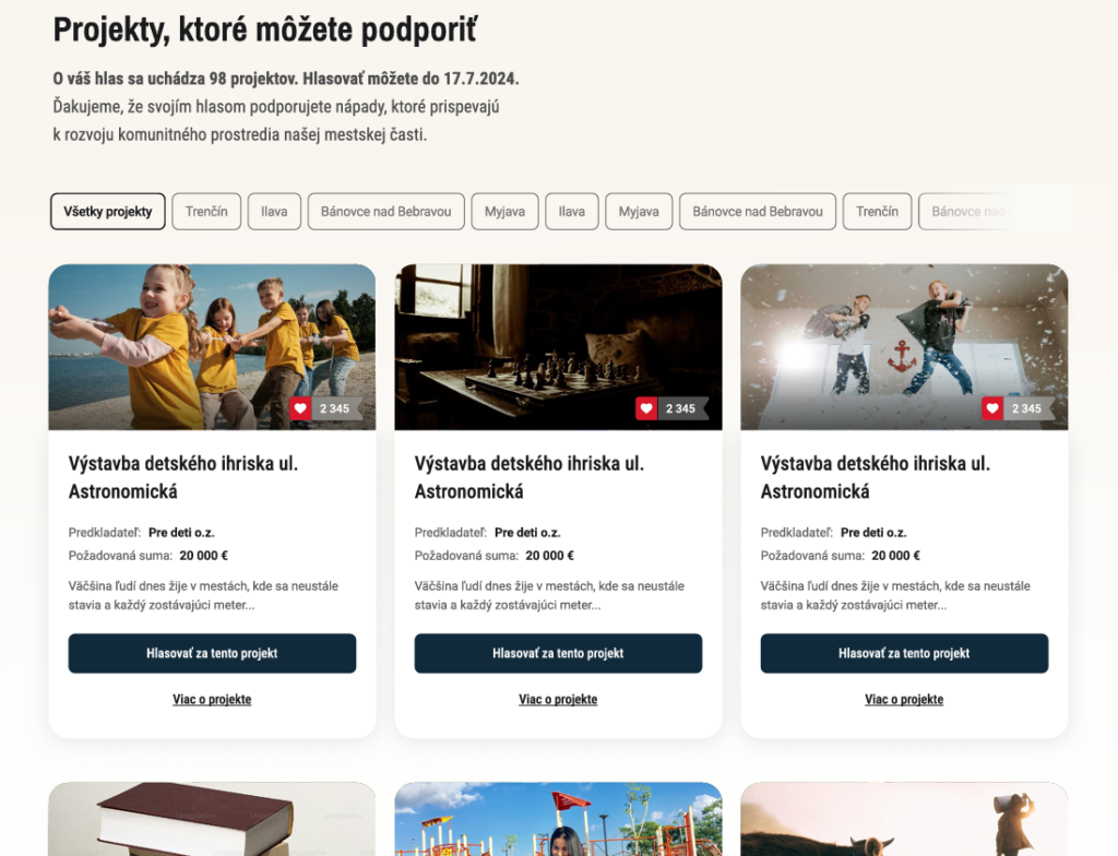 Stránka hlasovania za projekty v participatívnom rozpočte
