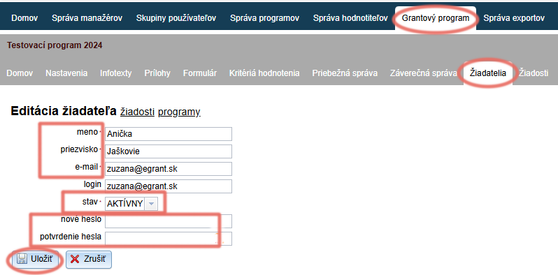 Upraviť profil žiadateľa