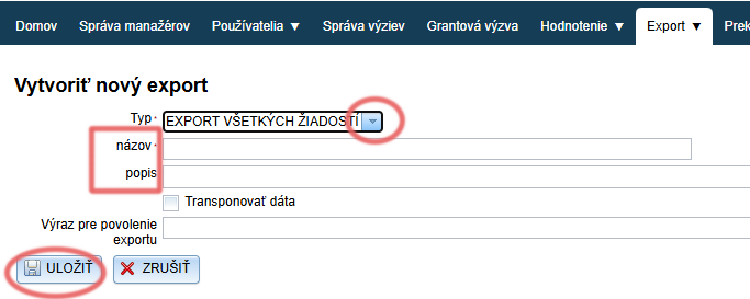 Vytvorenie novej šablóny exportu