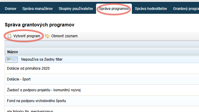 Vytvorenie nového programu