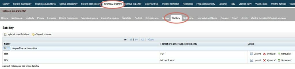 Záložka "Šablóny"