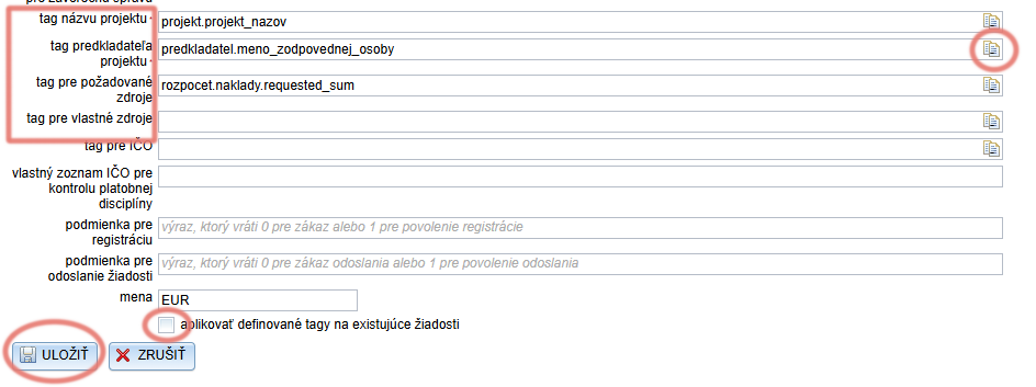 Tagy pre zobrazenie údajov z formuláru v zozname žiadostí