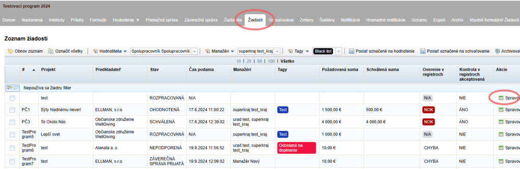 Záložka "ŽIadosti" v menu na úrovni programu